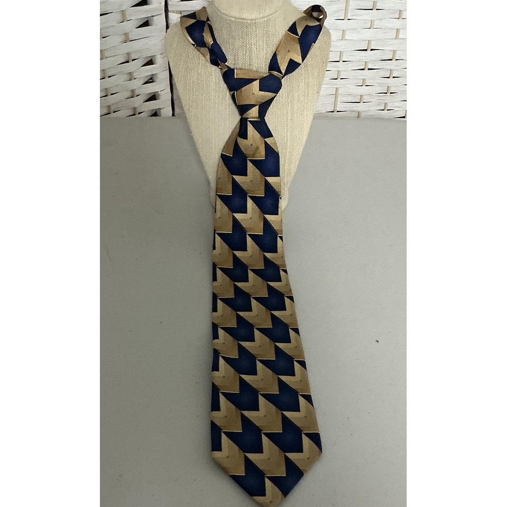 Vintage Arrow Tie, 100% Imported Silk, Geometric Blue‎ Gold, 3.75"x59"